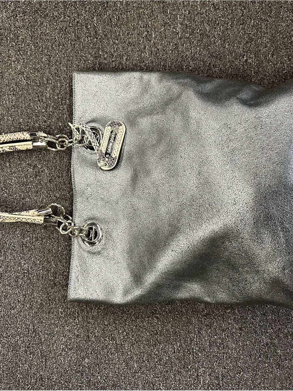 Metallic Black Tote with Snakeskin-Textured Chain Handles